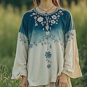 cheap Shirts-Women&#039;s Cotton Linen Shirts Boho Shirt Plain Flower Daily Stylish Basic Long Sleeve Crew Neck Regular Tops Work Daily Holiday Print Blue Purple Orange Light Blue Spring Fall