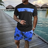 billiga T-shirts med tryck för män-Herr Palmträd 2st T-shirts uppsättningar Summer Tops Kortärmad Korta byxor Rund hals Ledigt Tillflykt Ledigt Utekväll Semesterkläder 3D-utskrift Sommar Blå Rodnande Rosa Grön