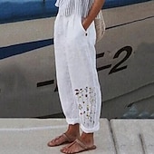 cheap Graphic Cotton Linen Pant-Women&#039;s Cotton Linen Pants Palazzo Pants Fashion Streetwear Comfort Ankle-Length Mid Waist Flower / Floral Pocket Elastic Waist Comfy Outdoor Comfortable Street Daily Wear Going out Cold White White