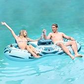 abordables Piscinas, Jacuzzis &amp; Suministros-Sillón flotante inflable para piscina doble, para 2 personas, con respaldo grande, de PVC resistente, con portavasos, resistente a los rayos UV y a las perforaciones, con capacidad de almacenamiento