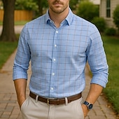 cheap Men&#039;s Button Up Shirts-Men&#039;s Summer Shirt Casual Shirt Beach Shirt Button Up Shirt White Dark Navy Sky Blue Long Sleeve Plaid / Striped / Chevron / Round Lapel Vacation Hawaiian Button-Down Clothing Apparel Polyester