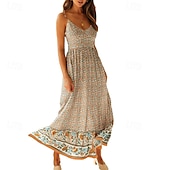 abordables Robes Bohémiennes-Femmes Robe Midi Robe Fleurie Robe Nuisette Robe Imprimée Classique Moderne Vacances Quotidien Sortir Coupe régulière Fleur Sans manches Bretelles spaghetti Jaune clair Noir Rouge Été