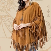 billige Boho topper-Dame Bluse عادي Stilfull 3/4 ermer Crew-hals Vanlige topper Ferie Ut på byen Frynser Brun Sommer
