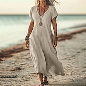 abordables concevoir des robes en coton et lin-Robe midi féminine robe d&#039;été décontractée quotidienne vacances plage ajustement régulier lin-like unie à manches courtes col en V blanc rose bleu vert été