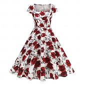 preiswerte Kleider-Retro Vintage 1950er Rockabilly Midlänge Swing-Kleid Ausgestelltes Kleid Kappe Blumen Frucht A-Linie Quadrathals Damen Karneval Urlaub Alltagskleidung Retro-Mottoparty Erwachsene Kleid Frühling