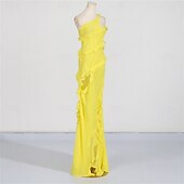 cheap YELLOW-Mermaid / Trumpet Yellow Dresses Ruffle Dress Semi Formal Wedding Guest Dress Asymmetrical Sleeveless One Shoulder with Slit