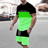 baratos Conjuntos de camisetas estampadas masculinas-Homens Listrado 2pcs Conjuntos de camisetas Tops de verão Manga Curta Calças curtas Gola Redonda Desporto Casual Ao ar livre Férias Esporte Impressão 3D Verão Preto Amarelo Verde