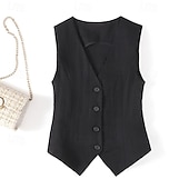 abordables Chemises-Gilet en coton et lin pour femme, uni, moderne, sans manches, col en V, régulier, pour tous les jours, pour sortir, boutons, noir, beige, été