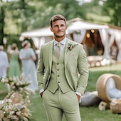 preiswerte Hochzeitsanzüge-Herren Hochzeit Leinenanzüge Himmelblau Salbei Mode Formell Einfarbig Standard Passform 3-teilig Einreihige Zwei-Knopf-Jacke