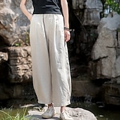 baratos Calça de linho de algodão simples-Mulheres Calças de linho de algodão Calças Roupa de rua Casual Comprimento total Natural Tecido Bolsos Cintura elástica Confortável Rua Para Noite Adamascado Preto Branco Amarelo Verão Normal