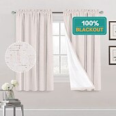 baratos Cortinas &amp; Cortinados-Cortinas de Textura de Linho para Quarto Sólido 100% Blackout Térmica Isolada com Forro Branco Cortinas/Dráperes Escurecedoras para Sala de Estar Berçário 2 Peças L52 x A84