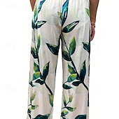 tanie Spodnie z bawełny i lnu w stylu graficznym-Damskie Spodnie szerokie nogawki Spodnie lniane bawełniane Spodnie Moda miejska Codzienny Pełna długość Natutalne Kwiaty Kieszeń Drukowanie Wygodne Na zewnątrz Na zewnątrz Urlop Ulica Czarno-szary