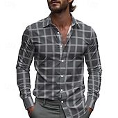 preiswerte Herrenhemd zum Knöpfen-Herren Hemd Sommerhemd Freizeithemd Strandhemd Knopfhemd Schwarz Grau Langarm Karomuster Revers Urlaub Hawaiianisch Button-Down Bekleidung Polyester Mode Lässig Bequem