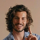 baratos Perucas Casam-peruca marrom masculina longa cacheada ondulada sintética para festa de halloween