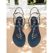 billige Ferietøfler-damersandaler med denim-pigger – flate sommersandaler med t-rem med ankelspenne, trendy fritidssko for tenåringer og unge kvinner, ideelt for ferier, strandturer og hverdagsantrekk