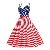  250º Aniversário EUA Meio-dia Vestidos Sem Mangas Nadador Bandeira dos EUA Decote V Fantasia Mulheres 250º Aniversário EUA 4 de julho Festa Adulto Vestido Verão