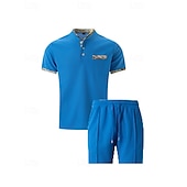 cheap Men&#039;s Tee Sets-Men&#039;s Waffle Shirt T-shirt Suits 2 Pieces Outfits Tee &amp; Shorts Short Sleeve Standing Collar Summer Color Block Fashion Casual 2 Piece Front Pocket Vacation Daily Wear Going out Black White Royal Blue