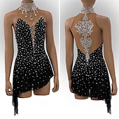 cheap Figure Skating Dresses-Figure Skating Dress Women&#039;s Girls&#039; Ice Skating Dress Black Patchwork Asymmetric Hem Mesh Spandex High Elasticity Training Competition Skating Wear Classic Crystal / Rhinestone Sleeveless Ice Skating