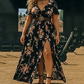 billiga Bohemklänningar-Dam Långklänning Maxiklänning Vardagsklänning Sommarklänning Boho-klänning Klänning med tryck Mode Utomhus Semester Helgdag Normal Blommig Ärmlös Djup V-hals Svart Vit Gul Ljusgrön Sommar Vår