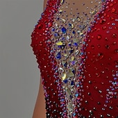 preiswerte Eiskunstlaufkleider-Eiskunstlaufkleid Damen Mädchen Eislaufen Kleid Schwarz Rrot Patchwork Asymmetrischer Saum Netzstoff Hohe Elastizität Training Wettbewerb Eiskunstlaufkleidung Klassisch Kristall / Strass Ärmellos