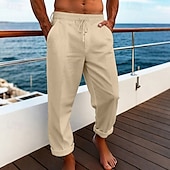 baratos Feriado-Homens Calças de linho Calças Calça verão Calças largas Calças de praia Com Cordão Cintura elástica Perna reta Tecido Conforto Respirável Comprimento total Casual Diário Feriado Férias Moda Branco