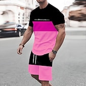 baratos Conjuntos de camisetas estampadas masculinas-Homens Listrado 2pcs Conjuntos de camisetas Tops de verão Manga Curta Calças curtas Gola Redonda Desporto Casual Ao ar livre Férias Esporte Impressão 3D Verão Preto Amarelo Verde
