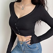 preiswerte Einfarbiges T-Shirt-Damen Bluse Einfach Modern Langarm V Ausschnitt Crop Tops Täglich Ferien Ausgehen Knöpfe Schwarz Weiß Grau Sommer
