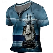 billige Vintage og retro-seilbåt t-skjorte herre grafisk 3d for ferie | blå sommer bomull motedesigner komfortabel print henley t-skjorte utendørs uformelt daglig dag pirat