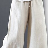 preiswerte Schlichte Hose aus Baumwollleinen-Damen Weites Bein Hose aus Baumwollleinen Stoffhosen Mode Streetwear Volle Länge Natürliche Taille Einfach Tasche Elastisches Kordelzugdesign Bequem Außenbereich Straße Ferien Wochenende Aprikose