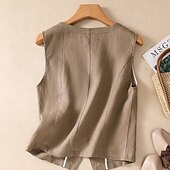 preiswerte Hemden-Damen Weste aus Baumwolle und Leinen, schlicht, modern, lässig, ärmellos, V-Ausschnitt, normale Passform, Oberteile, Urlaub, Ausgehen, Knöpfe, Tasche, Weiß, Braun, Khaki, Aprikose, Sommer