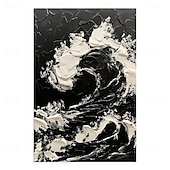 abordables Peintures paysages-Peinture à l&#039;huile faite à la main sur toile, décoration murale, couteau à palette 3D, paysage abstrait de vagues océaniques en noir et blanc pour la décoration intérieure, cadre tendu, peinture