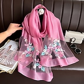 abordables Manches &amp; Écharpe-Printemps et automne nouveau clou perle simulation foulard en soie élégant et polyvalent pour les femmes brodé fleur de pommier longue écharpe été crème solaire écharpe
