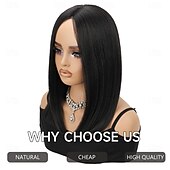 baratos Perucas Sintéticas sem Touca-perucas pretas bob perucas retas sem cola para mulheres cabelo sintético resistente ao calor fibra longa bob peruca parte do meio perucas bob naturais perucas de comprimento médio para mulheres 16