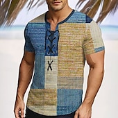 cheap Vacation Tropical T Shirts-Men&#039;s Patchwork Shirt Short Sleeve T shirt 3D Print Lace Up Neck Shirt Vacation Fashion Casual Street Casual Daily Blue Purple Brown Summer Spring Clothing Apparel S M L XL XXL XXXL