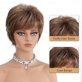 رخيصةأون كبار السن شعر مستعار-باروكة شعر أشقر بني قصير متعدد الطبقات للنساء ذوات البشرة البيضاء مع غرة، باروكة شعر واقعية مقاومة للحرارة، باروكة شعر صناعية للاستخدام اليومي