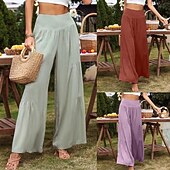 abordables Pantalon uni en coton et lin-Femmes Pantalon en coton et lin Slacks Mode Longueur complète Naturel Uni Taille Élastique Extérieur Confortable Décontracté Quotidien Week-end Magenta foncé Vin Bleu marine Bleu ciel clair Été Coupe