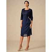levne Sady šatů-dámské svatební host koktejlové šaty set šifon krajka patchwork elegantní jaro podzim midi šaty posádka výstřih 3/4 rukáv tmavě modrá