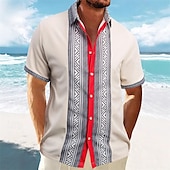 preiswerte Freizeithemden für Herren-Herren Hemd Waffelhemd Sommerhemd Freizeithemd Strandhemd Knopfhemd Schwarz Weiß Wein Grün Kaki Kurzarm Geometrisch Revers Urlaub Täglich Patchwork Bekleidung Mode Lässig
