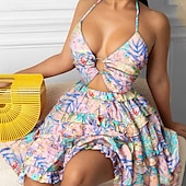 abordables Robes fleuries décontractées-Femmes Mini Robe Robe à Volants Robe Fleurie Robe Imprimée Mode Extérieur Vacances Sortir Coupe régulière Fleur Sans manches Col Halter Jaune Rose Claire Rouge Vert Été