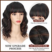 economico Parrucche trendy sintetiche-Parrucca Lativ nera mista castana con frangia, parrucche corte e ondulate per donne, lunghezza spalle, ricce, caschetto lungo 14 pollici, per cosplay di Halloween, uso quotidiano per feste