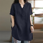 economico Camicie-Per donna Camicie di cotone e lino Semplice Quotidiano Elegante Essenziale Manica Corta Scollo a V Top Regolari Lavoro Quotidiano Ferie Tasca Nero Vino Cachi Estate Primavera