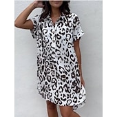 tanie Damskie topy z grafiką-Damskie Sukienka mini Sukienka koszulowa Codzienne sukienki Letnie sukienki Moda Nowoczesny Codzienny Weekend Regularny Kwiaty Kształt listka Długi rękaw Kołnierzyk koszuli Czarny Biały Niebieski