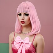 cheap Party Wigs-Synthetic Wig Straight kinky Straight Asymmetrical Neat Bang Machine Made Wig 14 inch A1 Synthetic Hair Women&#039;s Classic Comfortable Color Gradient Pink