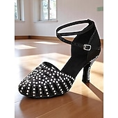abordables Chaussures de danses latines-Chaussures de danse à bout fermé pour femmes, marron, strass – Chaussures de danse latine et de salon à talon moyen scintillant pour l&#039;entraînement et la scène