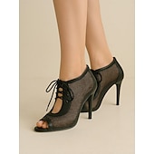 abordables Chaussures de danses latines-Escarpins de danse latine à lacets en maille noire pour femmes avec bout ouvert – chaussures de salsa à talons aiguilles respirantes pour la performance, la fête et l&#039;entraînement