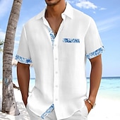 voordelige Vakantie-Voor heren Overhemd Linnen overhemd Zomer overhemd Strand Kleding Overhemd met knopen Effen Kleur Vakantie Curise Wit Blozend Roze Marineblauw Licht Blauw Korte mouw Kraag Zomer Lente zomer Kleding
