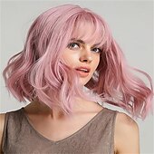 baratos Perucas Sintéticas sem Touca-Peruca curta ondulada com franja para mulheres, comprimento dos ombros, bob, perucas sintéticas cacheadas com ondulado natural, preto, misto, vinho tinto, peruca resistente ao calor para uso diário em