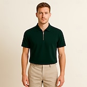 cheap Men&#039;s Elite Polo-Men&#039;s Silk Linen Cotton Business Casual Half Zip Short Sleeve Basic Formal Solid Color Zipper Summer Black Dark Navy Sky Blue Dark Green Gray