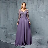 voordelige Avondjurken-A-Lijn Quinceanera Jurken Elegante Jurk Bruiloft Bruiloft Gast Vloerlengte Lange Mouw V-hals Chiffon met Plissé