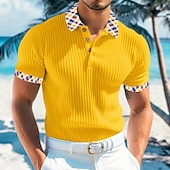 cheap Men&#039;s Classic Polo-Men&#039;s Rib Knit Top Golf Polos Shirts Work Casual Lapel Ribbed Polo Collar Short Sleeve Basic Modern Color Block Buttons Knitted Summer Spring &amp; Summer Slim Fit White Yellow Navy Blue Light Blue Rib
